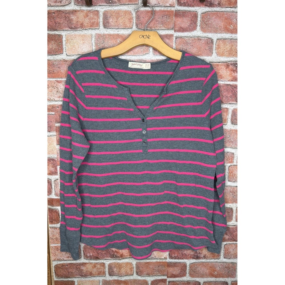 Faded Glory Y2K XXL Grey Pink Striped Thermal Henley Long Sleeve Waffle Shirt